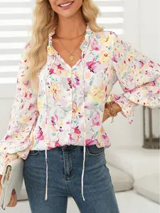 Women's Pink Floral Smocked Blouse Front Button Split V Neck Flowy Top, Casual Boho Long Sleeve Shirts for Women, Everyday Romantic Puff Sleeve Apparel