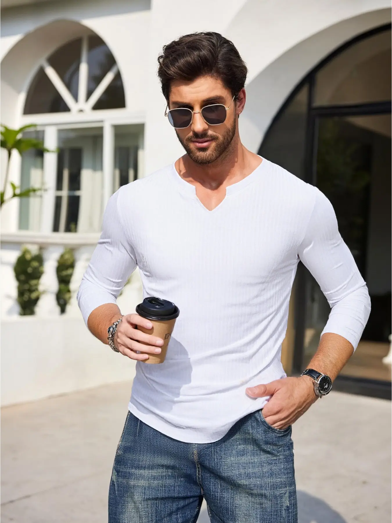 Men's solid-color casual tight-fitting clothing, fitted V-neck long-style ribbed T-shirt, Gym fitness tee, long-sleeved sports top suitable for gym workouts, men's clothing suitable for daily wear and vacation travel fashion