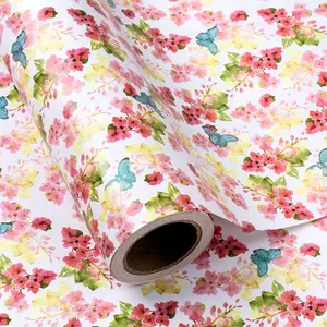 Watercolor Flowers and Shiny Butterflies Gift Wrap Paper, Cherry Blossom Theme, Wedding, Birthday Party, DIY Craft Decor, 43.2cm X 500cm