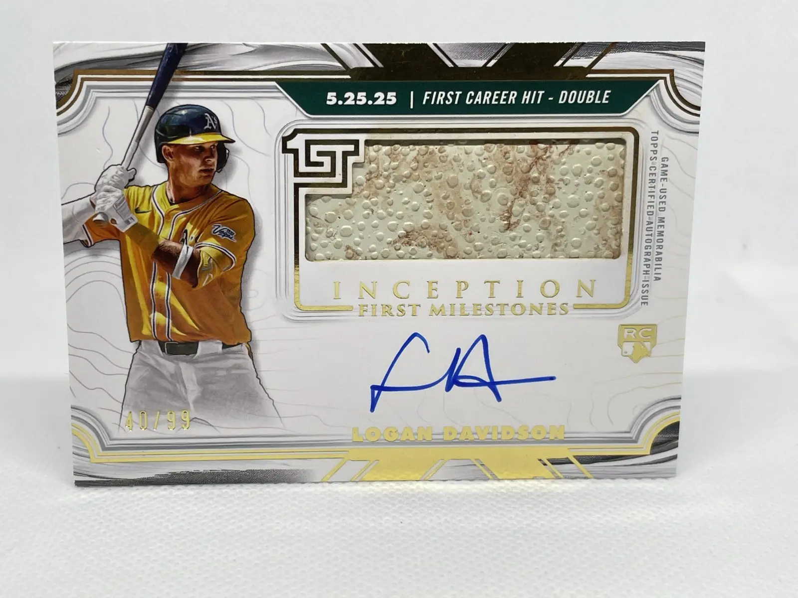 2025 Topps Inception Logan Davidson Single Limited Edition Baseball & Softball Sports Trading Card - 1st Career Hit First Milestone, /99 Game-Used Base, Oakland A's Collectible