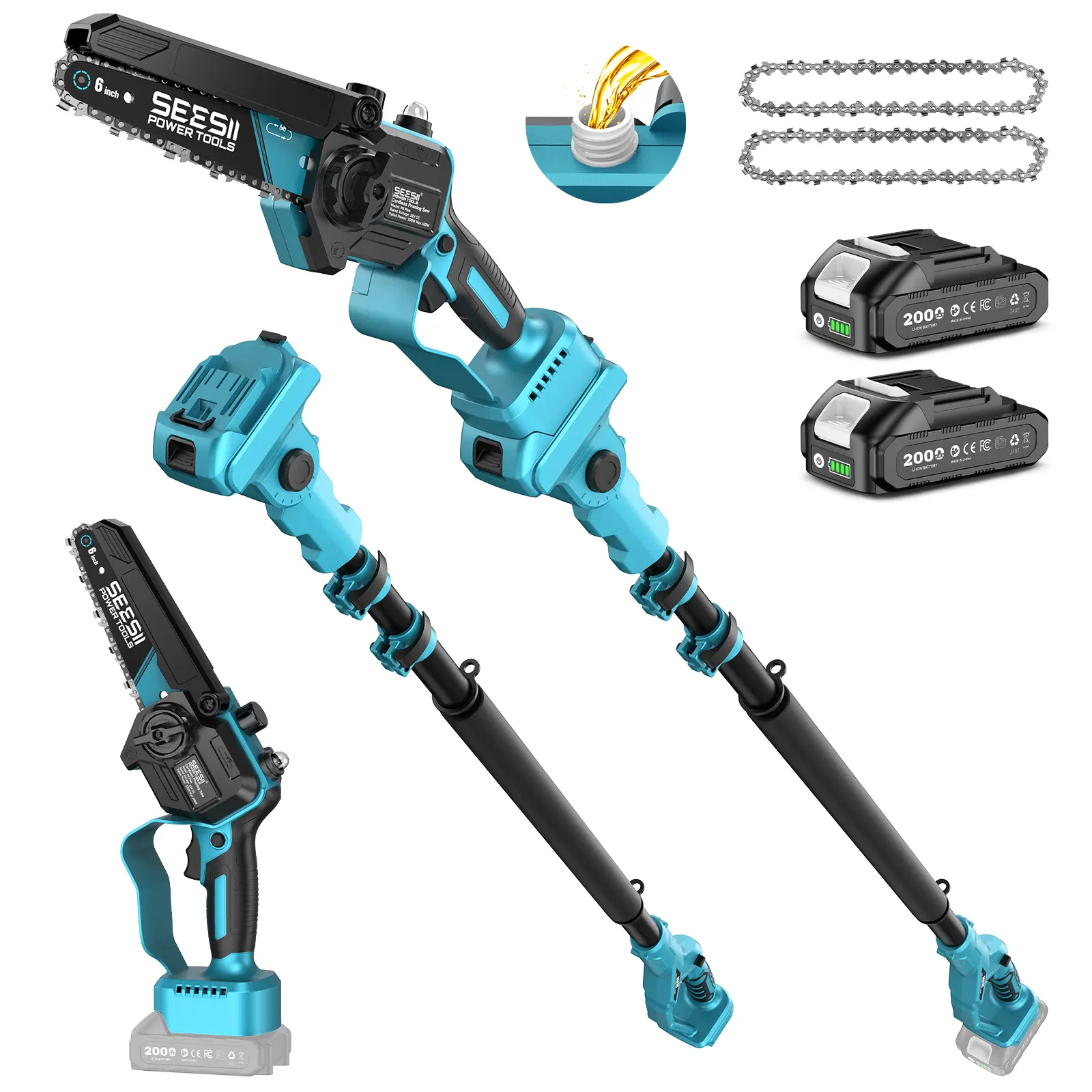 6 Inch Pole Chainsaw(Oil System+2X2.0Ah)