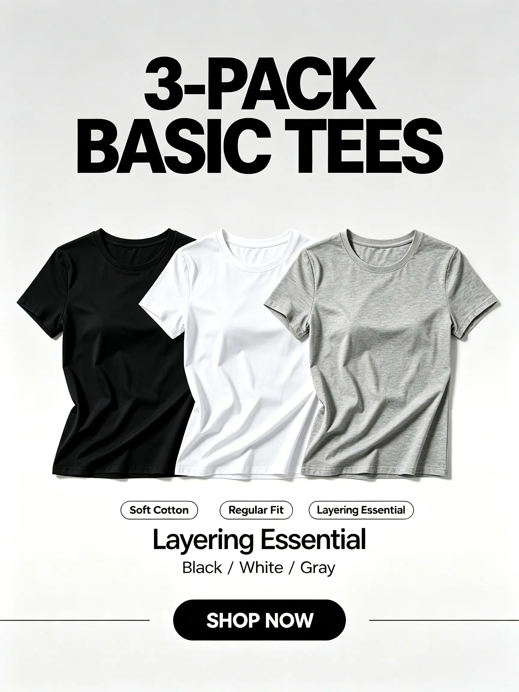 3 Pack Women Solid Color Basic Crew Neck Short Sleeve T-Shirt, Plain Slim Fit Simple Casual Tee Tops, Black White Gray Minimalist Everyday Essential T-Shirt