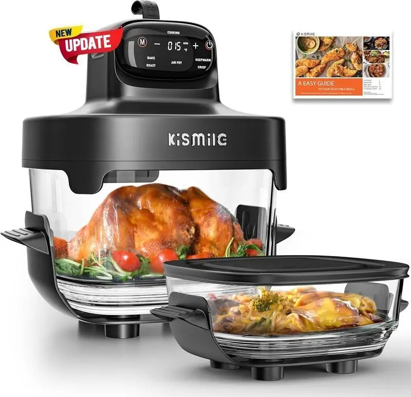 Kismile 5-in-1 Multifunctional Cooker Glass Air Fryer - Upgraded 12-in-1 Toaster Oven, 1500W, 25QT, Adjustable Temp & Time, Freezer & Dishwasher Safe Countertop Kitchen Appliance (95% Less Oil)