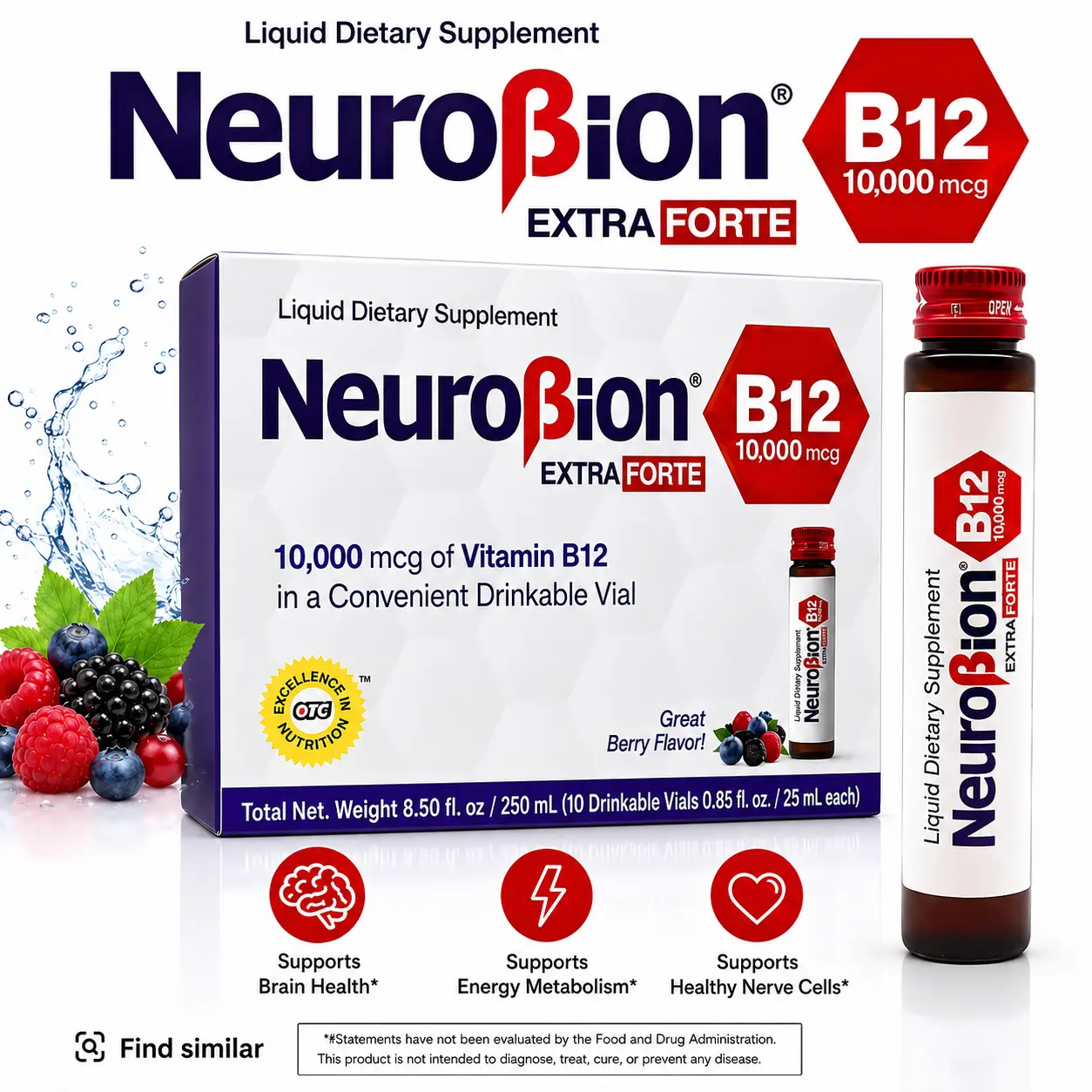 Neuro B12 Extra Forte Brain Health Liquid Drink Supplement - 10 Vials, B12, B6, Sugar-Free, Dairy-Free Daily Dietary Nutrition Supplement for Youth Support, Metabolism Boost