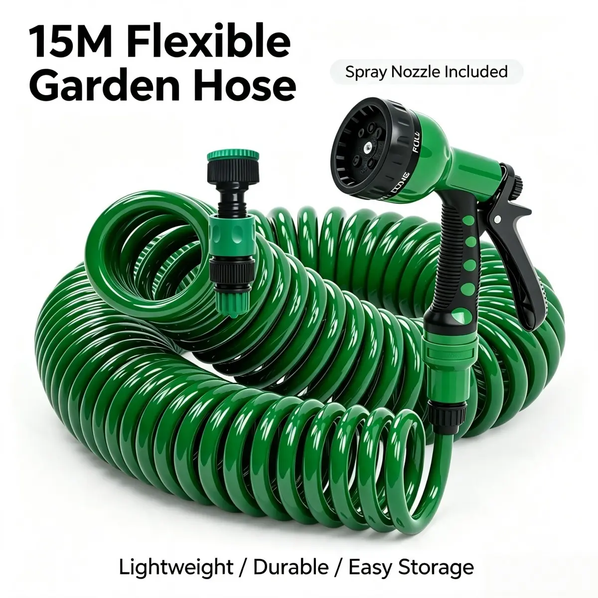 66 FT / 50 FT Coil Garden Hose 3/8" EVA Flexible Curly Water Pipe, 7‑Pattern 20m / 15m Lightweight Spray Nozzle & Quick Connect Fittings, Green Recoil Water Hose for Yard Patio Car Washing Greenhouse Boat