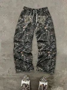 Men's Casual Sporty Camo Pants, Loose-Fit Drawstring Wide Leg Joggers, All-Season Graphic Print Sweatpants, Comfortable Men's Clothing, Casual Sports Trousers