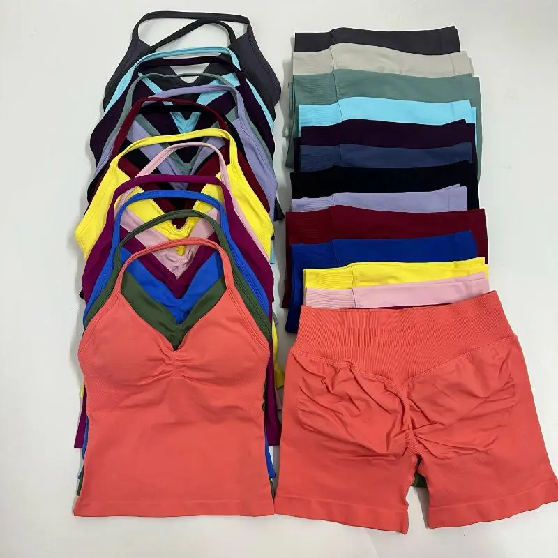 dfyne workout sets No Logo2Pcs Gym Set Women Backless Tank Tops High Waist Scrunch Seamless Shorts Gym Suit Fitness Clothes Activewear Workout Set Yoga Bottoms Sportswear
