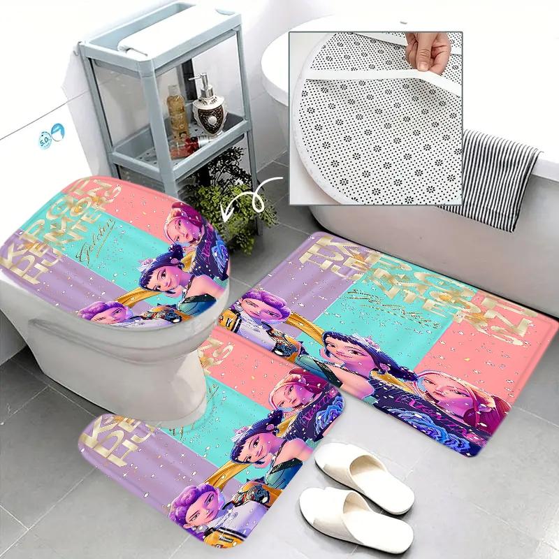 Creative K-Pop Demon Hunters Shower Curtain Set, Bathroom Accessories Kit with Mat, Toilet Lid Cover, Hooks, Two Sizes Available