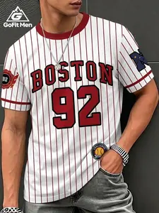 Men's Boston 92 Retro Baseball Stripe T-Shirt, Breathable Moisture-Wicking Fabric, Fitted Round Neck Top for Streetwear, Gym, Daily Wear