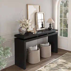 60'' Black Farmhouse Console Table - Retro Wooden Entryway Table with Double Board Suspension Design, Solid Wood & MDF, Sofa Table for Living Room