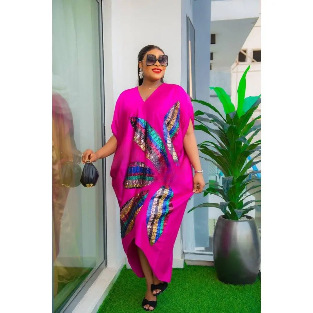 Magenta Pink Sequin-Embroidered Kaftan Dress for Women - Perfect for Wedding Guests Birthday Dinner Parties Cocktail Reception Photoshoots & Evening Wear - Stylish & Confident Look - One Size Satin Bubu Boubou Abaya Gown Statement Asymmetric Midi Dress