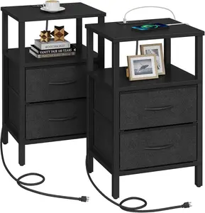End Table with  Station, Side Table with 2 USB Ports and Outlets, Nightstand with Cloth Drawer, Set of 2, Couch Table, Black TB01BK067