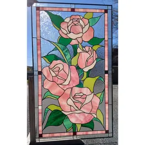 Blushing Petals in Bloom: Handcrafted Rose Garden Stained Glass Door Insert D-90