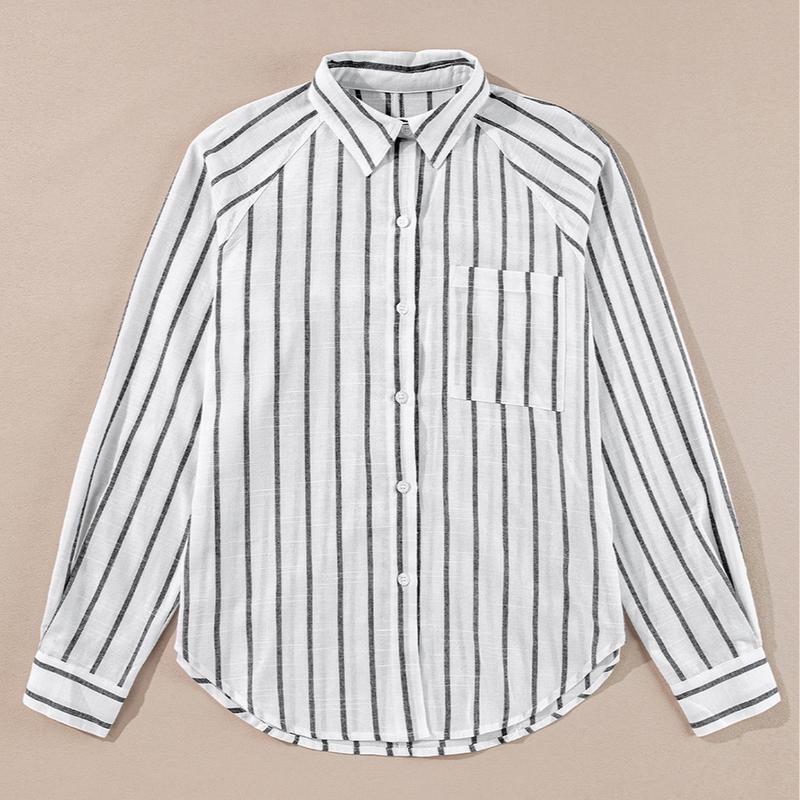 Womens Black Stripe Chest Pocket Buttoned Oversized Shirt Office Casual Outfit