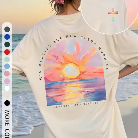 Women's Sunset & Cross Print Round Neck Tee, Fashion Casual Crew Neck T-Shirt for Daily Holiday Vacation Outdoor Wear, Ladies Clothes for Summer, Casual Fashionable Top, Tops, Tshirt, Graphic Shirt