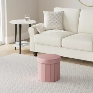 Phantoscope Storage Ottoman Round15 Inch, Velvet Folding Storage Boxes Footrest Foot Ottoman Toy Box, Padded Seat for Dorm Living Room Bedroom, Support 220lbs Pink