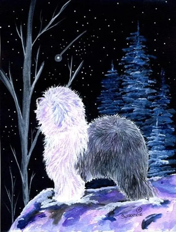 Starry Night Old English Sheepdog Canvas Flag - House Size, 28 x 40 in.