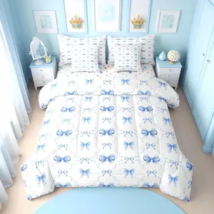 Blue and White Bow Comforter Bed Set with Sheets,Girls Cute Blue Ribbon Bow Tie Bedding Set,7 Piece Kids Women,Coquette Bowknot Bed Bag,Princess Sheet