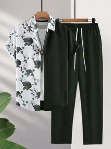 Men's Summer Fashion 2-Piece Set Outfit, Floral Print Colorblock Button Collar Short Sleeve Shirt + Casual Sport Drawstring Pants