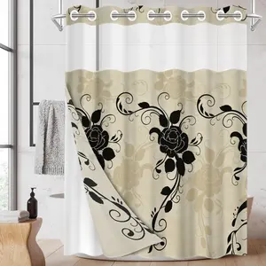 1pc hookless shower curtain with buckle lining, beige base with black rose scrollwork design, 2D flat printing, waterproof fabric lining, see-through double-layer shower curtain, 71 x 74 inches, modern home draping curtain, Shower Curtain Liner