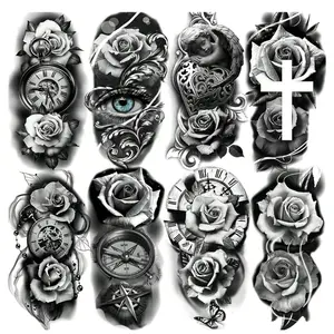 Black Grey Vintage Rose Clock Angel Cross Temporary Tattoo Stickers, Realistic Large Half Sleeve Fake Tattoos For Men Women Arm Body Art