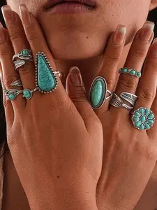 Boho Turquoise Flower Ring Set, Vintage Punk Feather Design, Zircon Inlay, Silver Color, Unisex Jewelry for Daily Wear, Stackable Rings