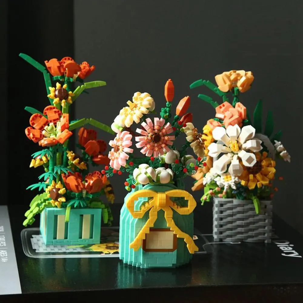 Large Size Building Blocks Realistic Flower Assembly Kit, Bottle Bouquet Decoration, Holiday Gift, Unisex, No Battery Included