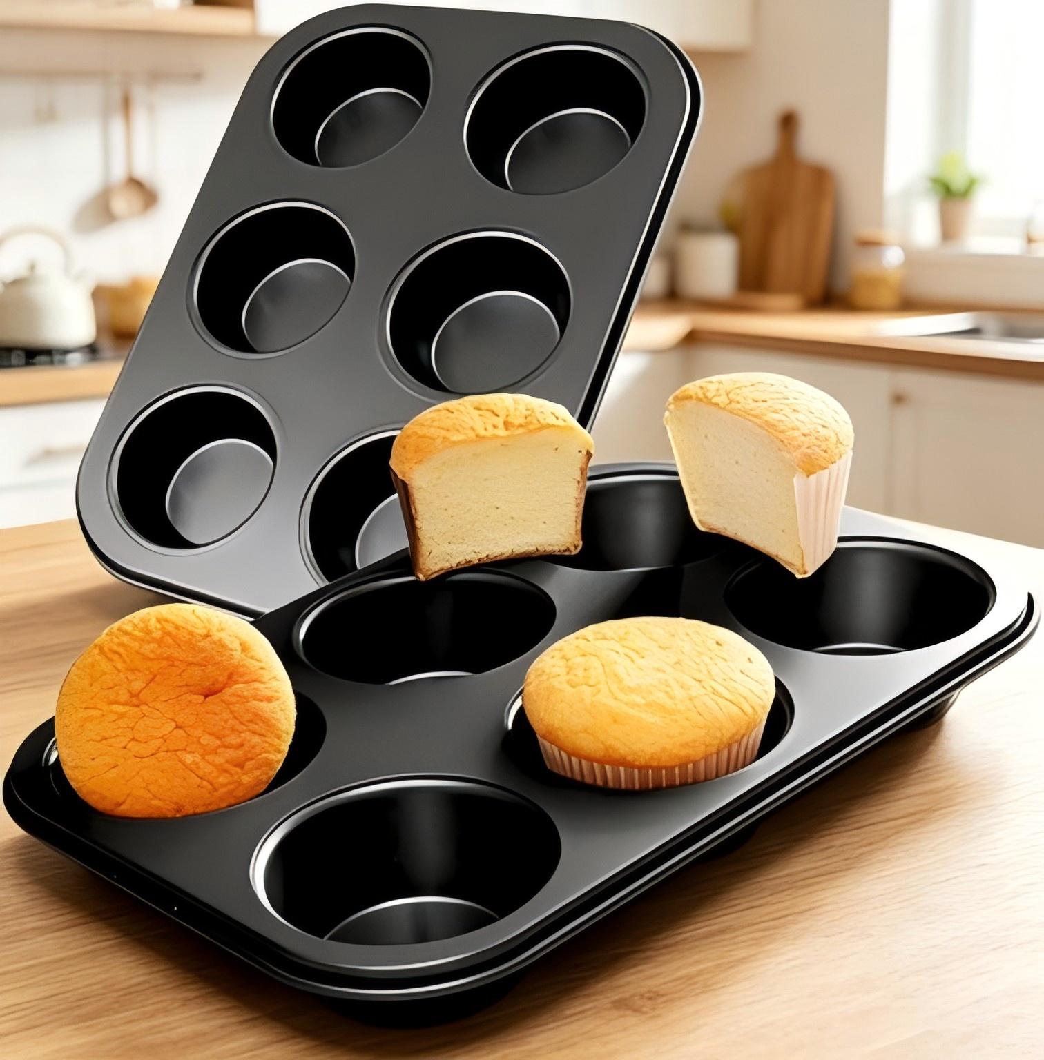 2-pack high-quality steel muffin baking pans, round baking trays suitable for muffins, cupcakes and brownies, black, 6-cup capacity. 2-pack high-quality steel muffin baking pans, round baking trays suitable for muffins, cupcakes and brownies, black, 6-cup capacity.