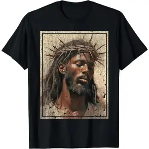 100 Percent Cotton Black Jesus T Shirt Featuring Face Of Jesus Cross Crown Of Thorns Design