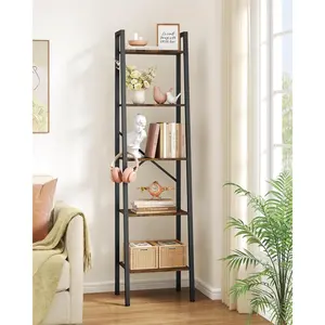 Industrial Ladder Bookshelf, Multifunctional Ladder Shelf, 5-Tier Tall Bookshelf, Open Ladder Shelf Bookcase, for Living Room, Home Office, Kitchen, Bedroom, Metal Frame, Rustic Brown
