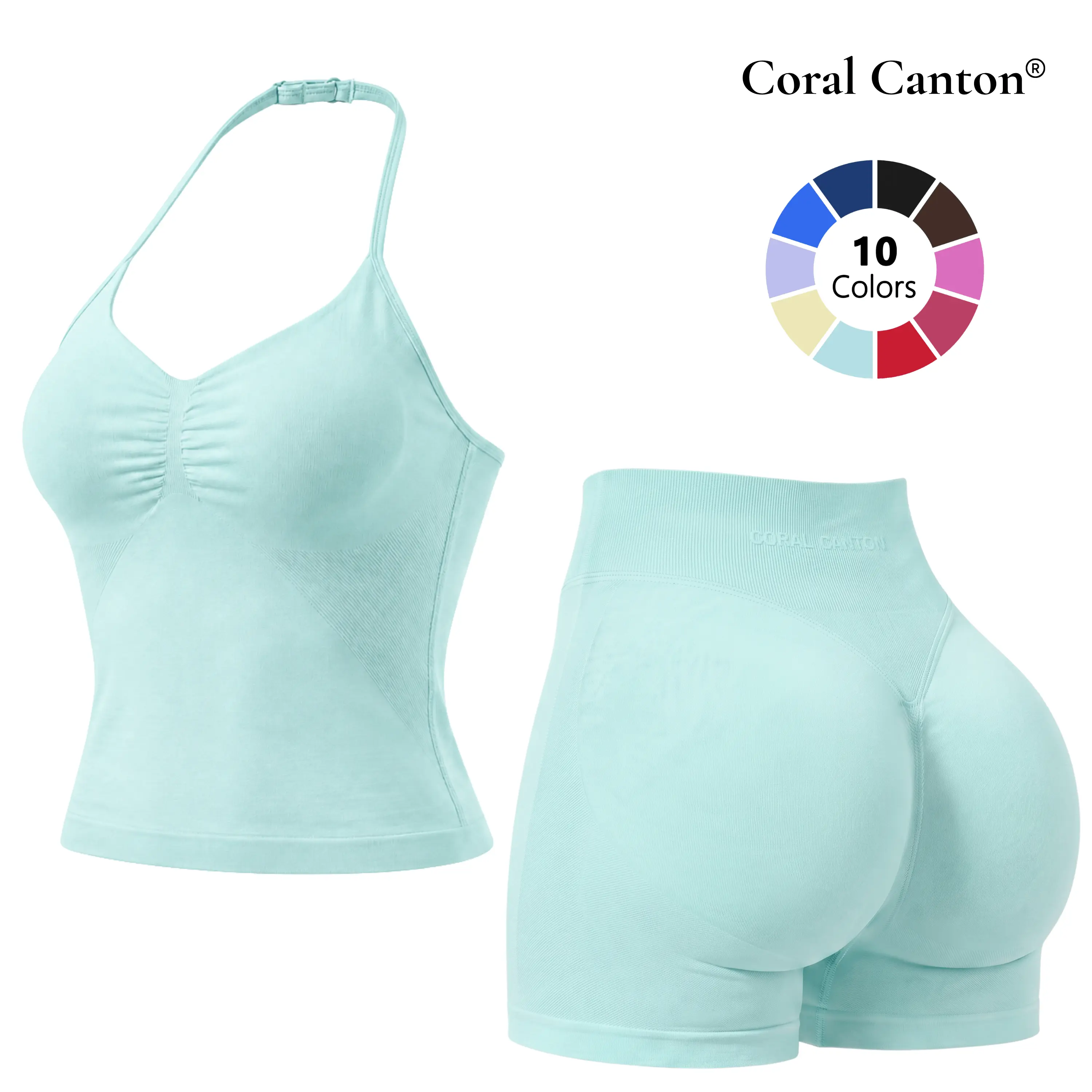 Coral Canton Women's 2-Piece Strappy Sports Set with Built-In Pads, Stretch Fabric, High-Waisted Shorts & Top, Summer Activewear for Yoga & Gym