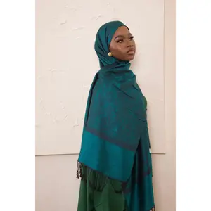 Jacquard Elegance Hijabs - Emerald Dusk - Intricate Paisley Weave, Soft Fringe Edges, Lightweight & Breathable Hijab for Everyday Wear
