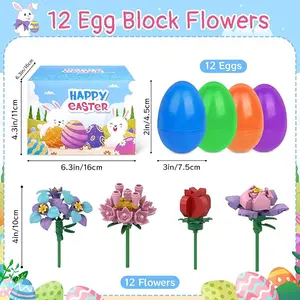 Mother Day Gift Prefilled Easter Eggs with Toys,12 Mini Building Blocks Easter Basket Stuffers for Easter Party Favors, Flower Building Blocks for Kids