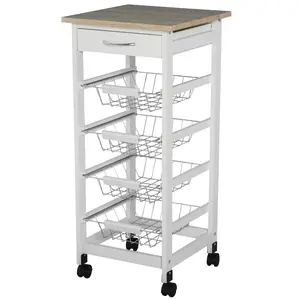 White Kitchen Island on Casters with Solid Wood MDF Frame and Breathable Fruit Basket for Onions Potatoes for Corner Breakfast Nook Craft Room Assembly