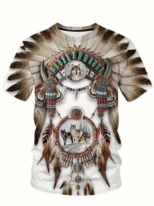 Men's Native American Style 3D Digital Print Fitted T-Shirt, Vibrant Tribal Wolf Feather Design, Breathable Summer Streetwear, Casual Round Neck Short Sleeve, Clothes, Menswear