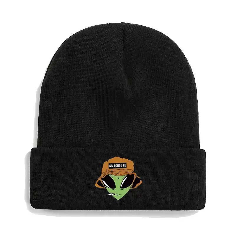 Alien Graphic Knitted Beanie - Soft Stretch Acrylic Fitted 1-Size Breathable Winter Hat for Men & Women, Everyday Warm Casual Brimless Sports & Outdoor Accessory, One Size