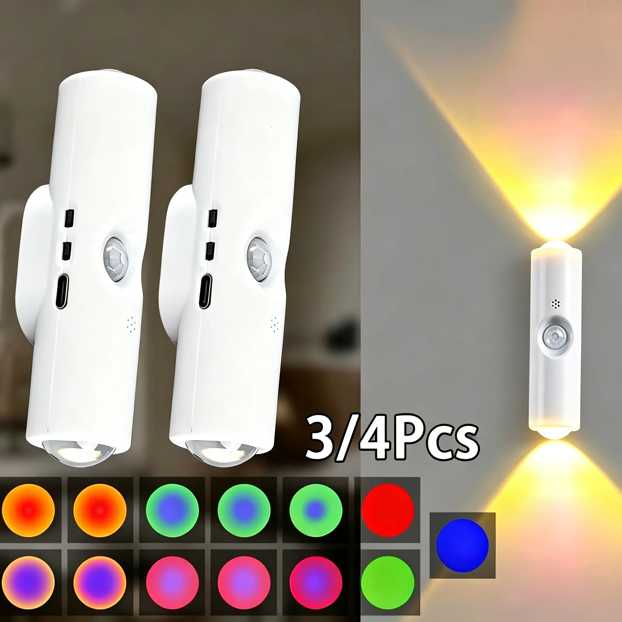 3/4Pcs USB Rechargeable LED Motion Sensor Light, Ultra-Thin Induction Lamp, RGB Cabinet Lighting for Hallways, Storage, Closets, Kitchens, Bathrooms - Energy-Efficient, Dimmable Night Light for Indoor Ambiance Lighting