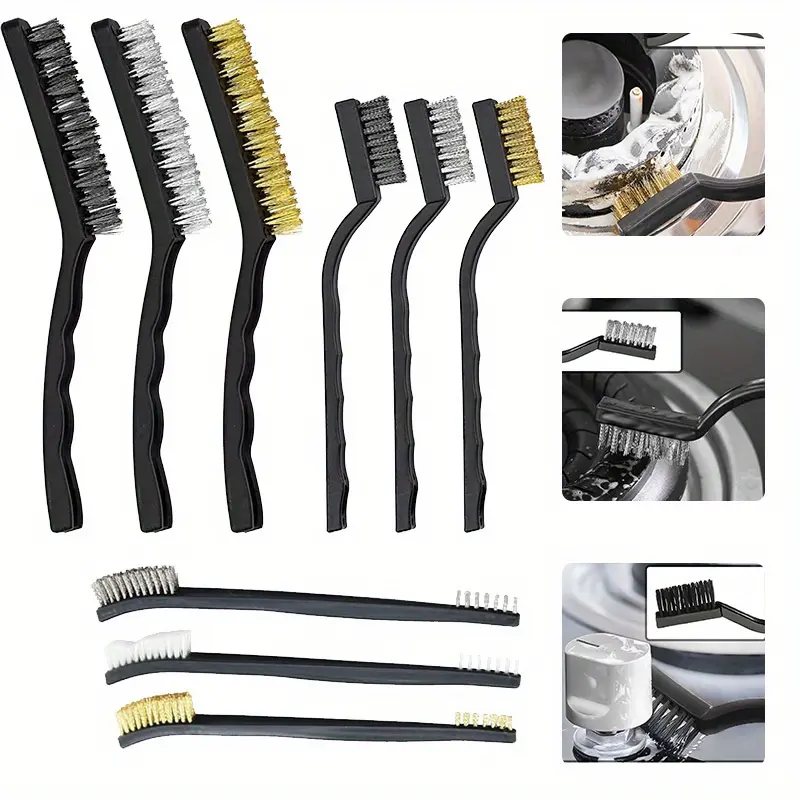 9pcs plastic handle wire brush set with nylon brass, stainless steel brass, and nylon brushes, mini metal rust remover, brick brush, and scraper brush for removing welding slag, rust, and dust, barbecue grill hard bristle gap brush