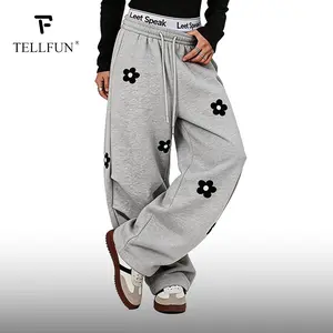 Spring 2026 Men‘s Floral Embroidery Baggy Barrel Sweatpants Elastic Waist Drawstring Casual Cotton Y2K Streetwear Loose Fit Vintage Joggers wide leg pant trouser bottom