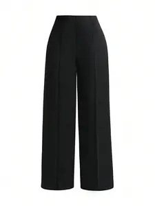 Women's Plus Size Tummy Control High Waist Straight Leg Pants, Solid Black Knitted, Womenswear, Office Workwear Business Casual, All Season