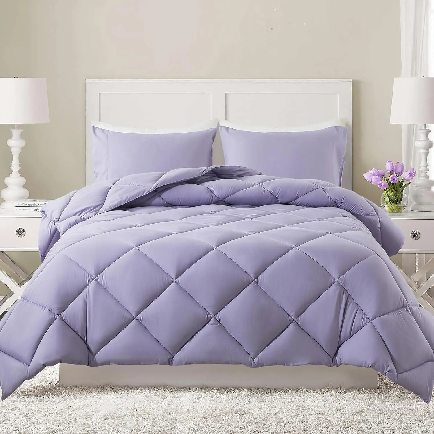 Queen Size Lightweight Quilted Down Alternative Comforter/Duvet Insert with 2 Pillow Shams - Breathable, All Seasons, Box Stitched, Polyester Fiber, Quilted Top - Lavender, Durable