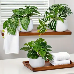Set of 3 Artificial Green Plants with Pots, 15cm Mini Potted Fake Plants, Indoor Plant, Suitable for Home Decoration, Bedroom, Bathroom and Office Desktop Decoration, Perfect for Gardens, Porches, Window Sills, Homes, Artificial Flower Plant