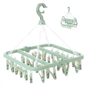 Foldable Hanging Clothes Hanger with 32 Clips, Multi-Functional Windproof Sock Clip Drying Rack, Home Plastic Clothing & Socks Laundry Stand