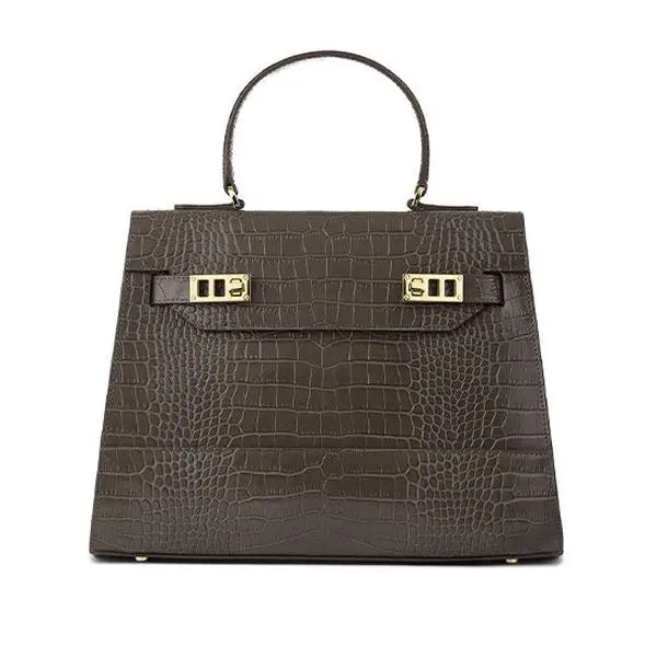 Women's Chic Embossed Calf Skin Handbag, Kim Croco 14" Dark Grey with Adjustable Strap for Day Evening Use, Shoulder Bag