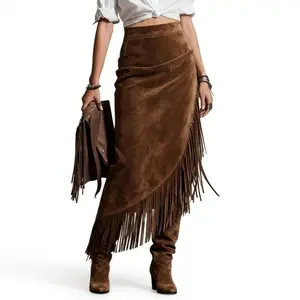 Vintage Western Suede Fringe Skirt| Asymmetrical Boho Midi Skirt for Women