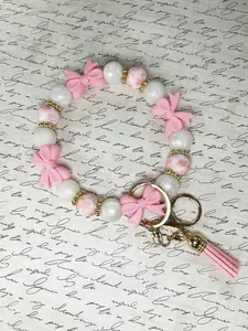 Pink Bow Silicone Beaded Wristlet Keychain - Pink and Pearl