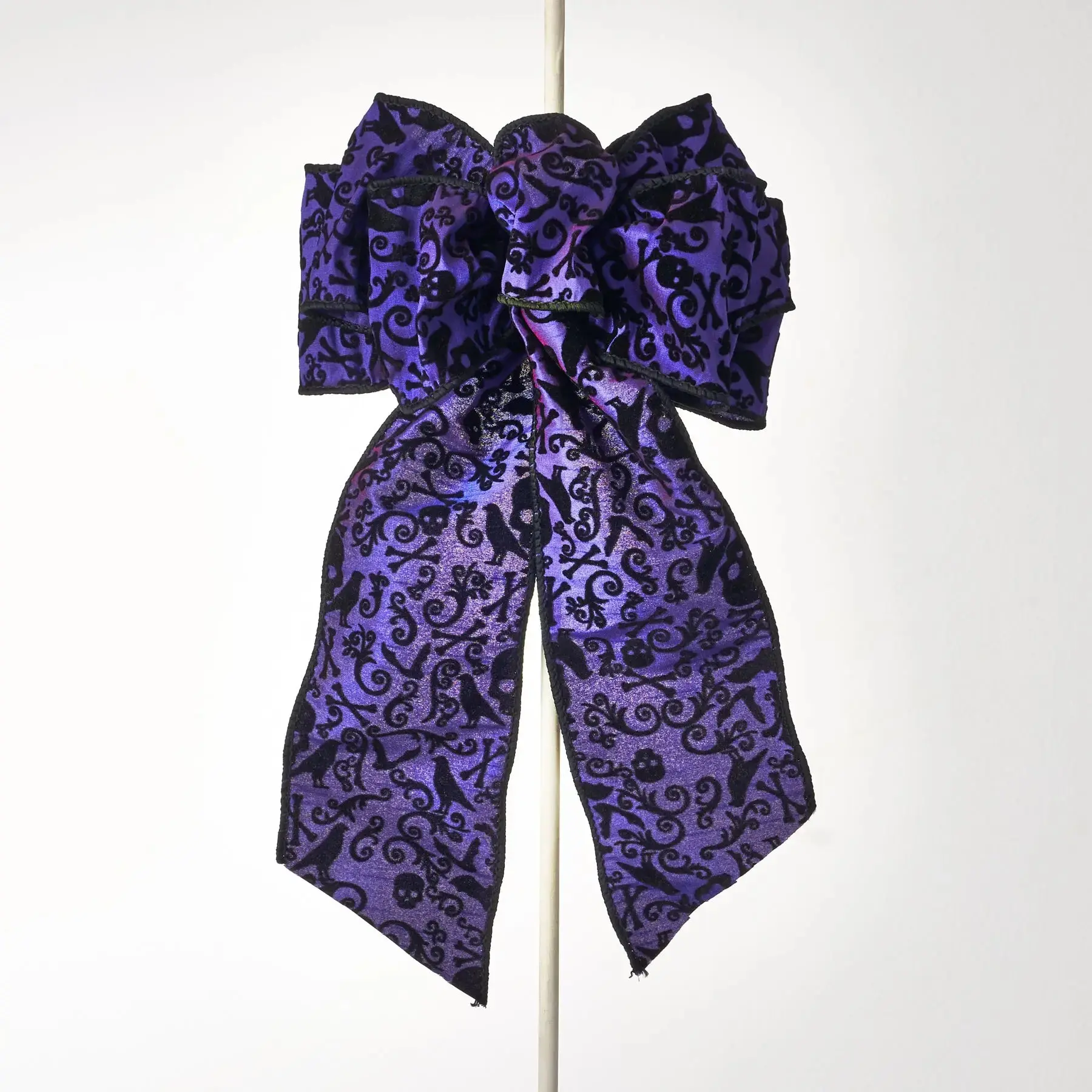 Spooky Handmade Purple & Black Vampire Bat Dupion Flocked Wired Ribbon - 10yd Spool, 2.6yd Fabric, Versatile Ribbon Bow, Halloween Festive Wreath Hanging Decor, Home Party Supplies Ideal Gift