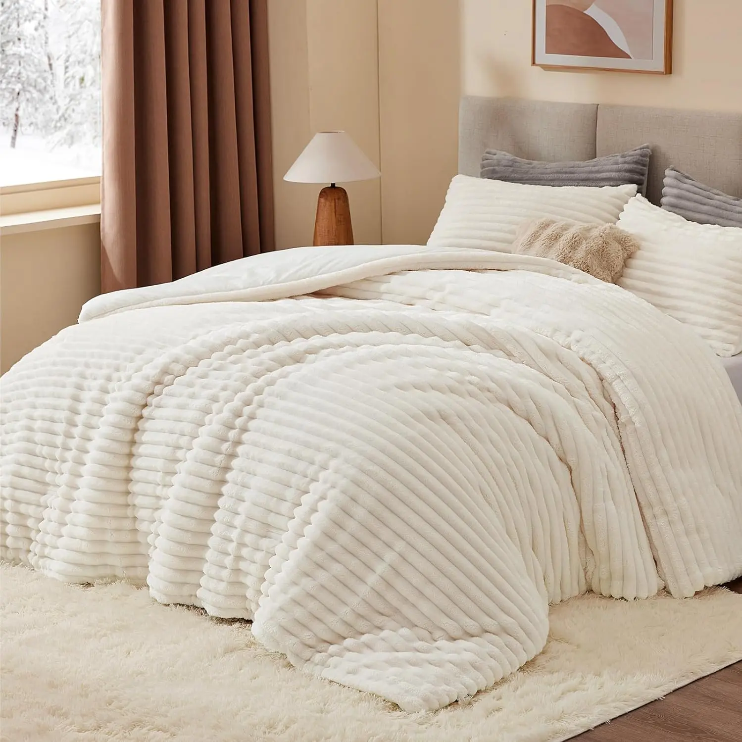 Queen | Cream White Ultra-Soft Fleece Comforter Set - Warm Luxury Faux Fur Bedding for Winter | Premium Quality, Easy Care, Cat-Like Snuggle Experience (2 Pillow Cases Included)