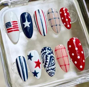 roberthub.nail Vintage Americana Press-On Nails, Red White Blue Stripe Design, Paisley Star Detail, Glossy Handmade Almond Retro Picnic Holiday Nail Set