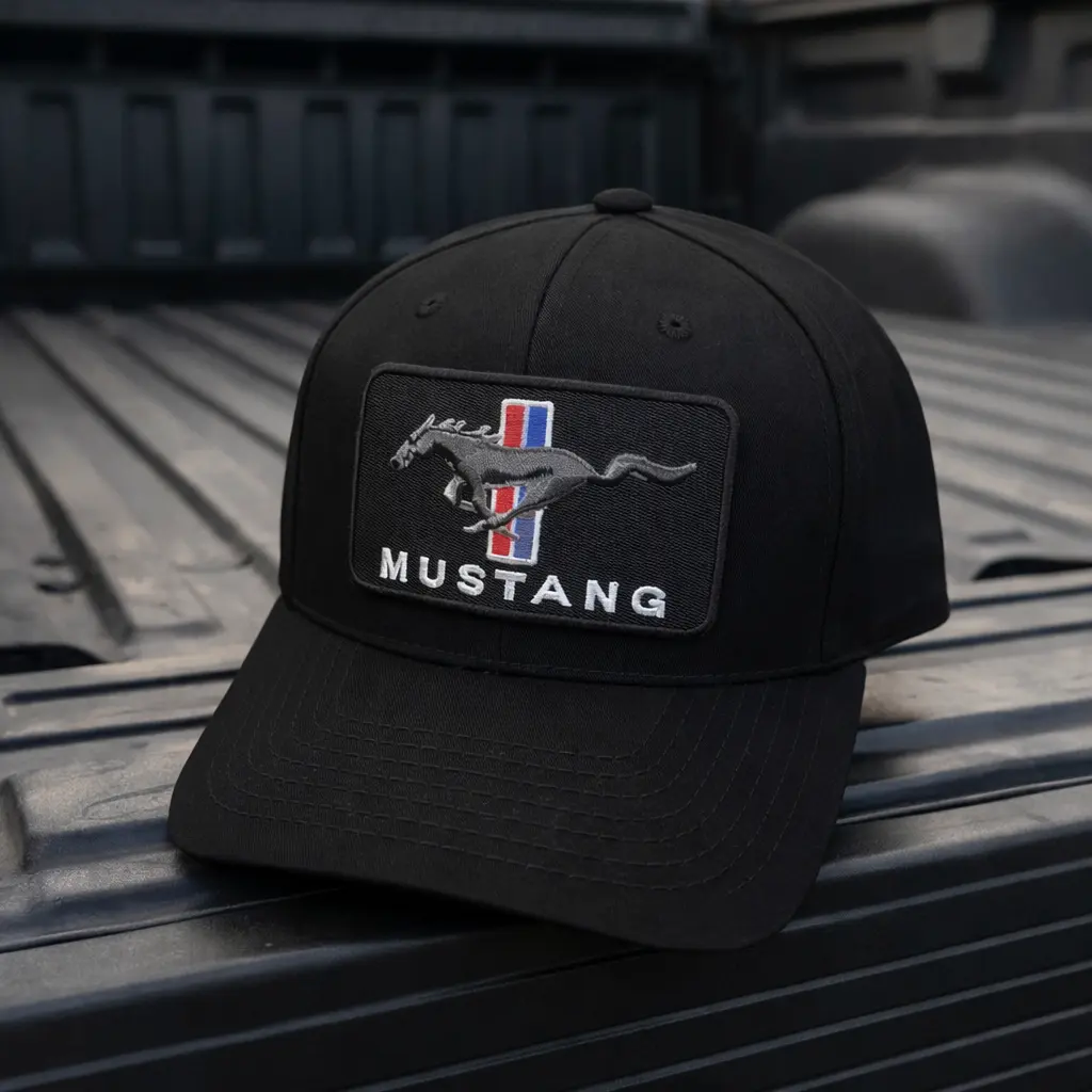 Mustang Embroidered Patch Trucker Hat, Ford Mustang Racing Cap, Black Gray Mesh Snapback Hat, Car Enthusiast Gift, Classic Muscle Car Hat